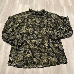 Zara Green Black Semi Sheer Bubble Sleeve Blouse Top Sz XS